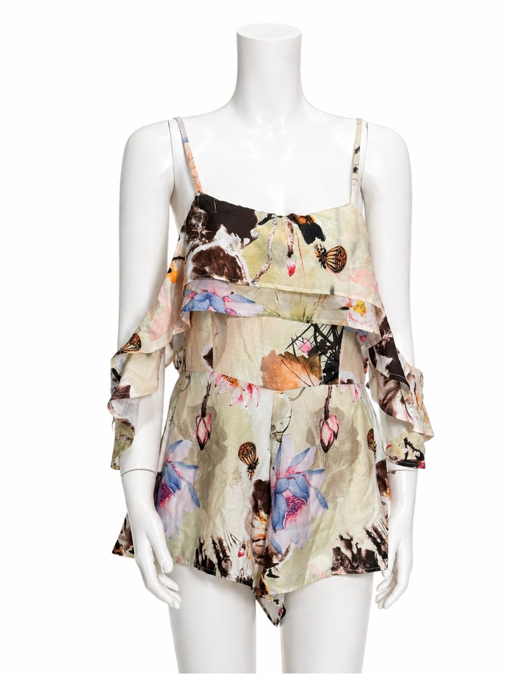 Cold-Shoulder Floral Romper in Cream with Pastel Accents